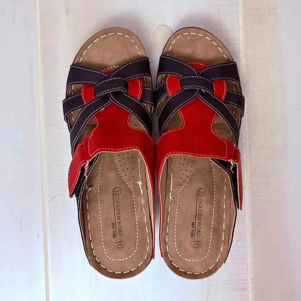 Golden Road Red and Black Comfort Wedge Sandals Sz 10 Slip On Casual Adjustable